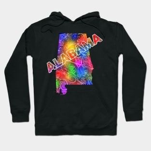 Colorful mandala art map of Alabama with text in multicolor pattern Hoodie